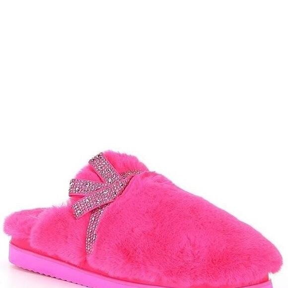 Gianni Bini x Nastia Liukin Pink Fuzzy Slippers with Rhinestone Bow – Size 7 New - Picture 3 of 3